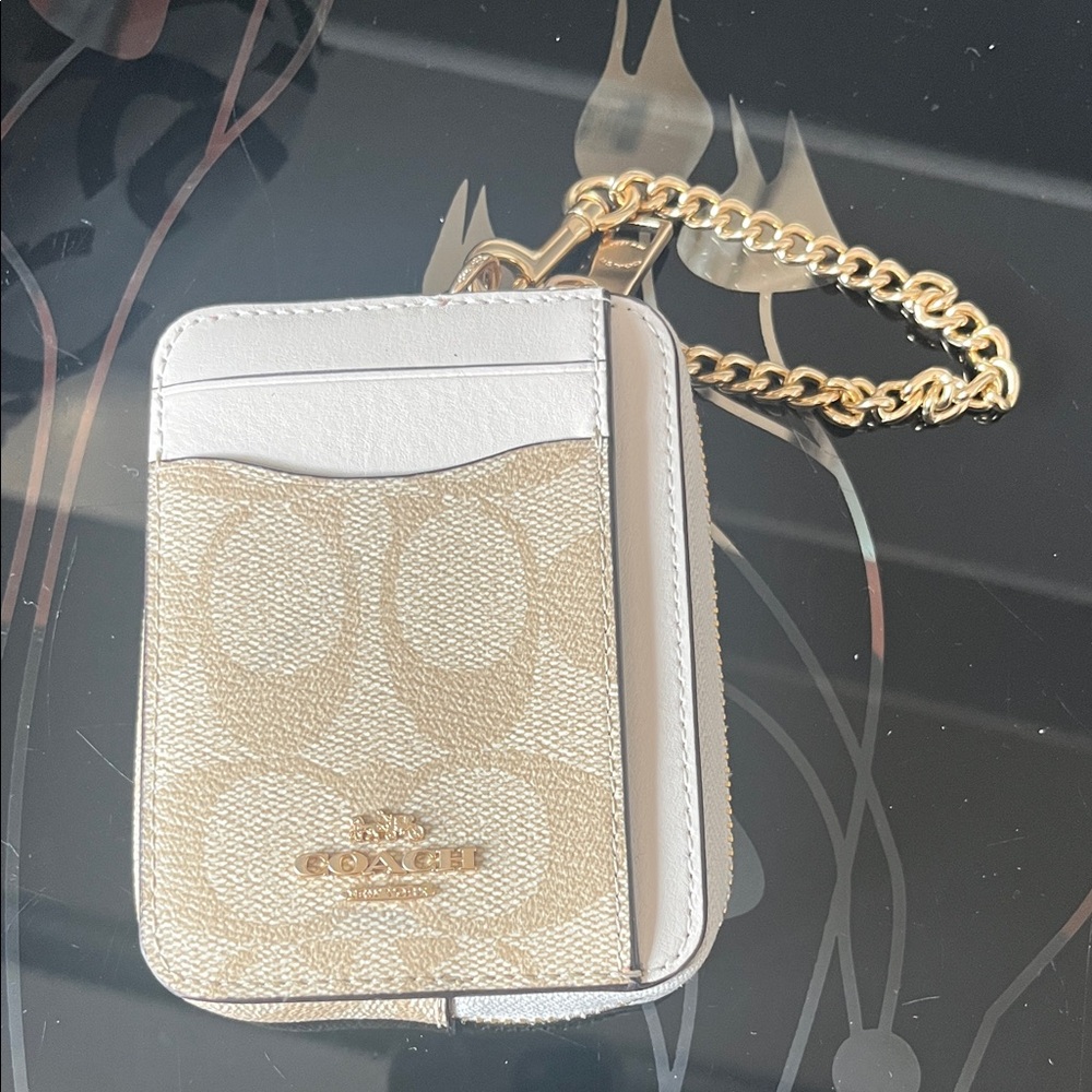 Coach Signature Beige Card Holder with Gold Chain